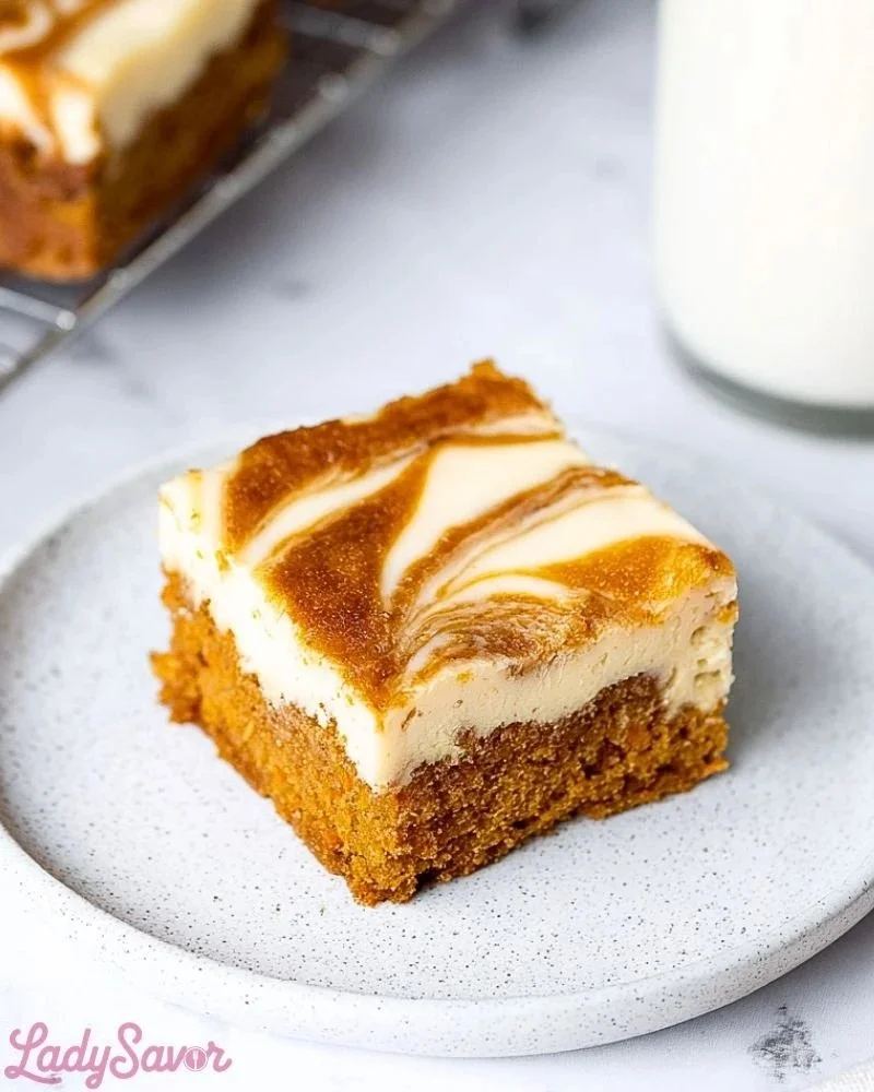 Carrot cake cheesecake bars topped with cream cheese frosting and walnuts