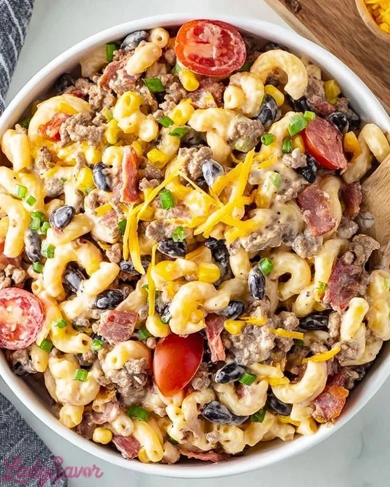 Delicious Cowboy Pasta Salad with fresh vegetables and pasta