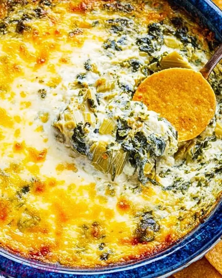 Delicious hot spinach artichoke dip served with crispy tortilla chips
